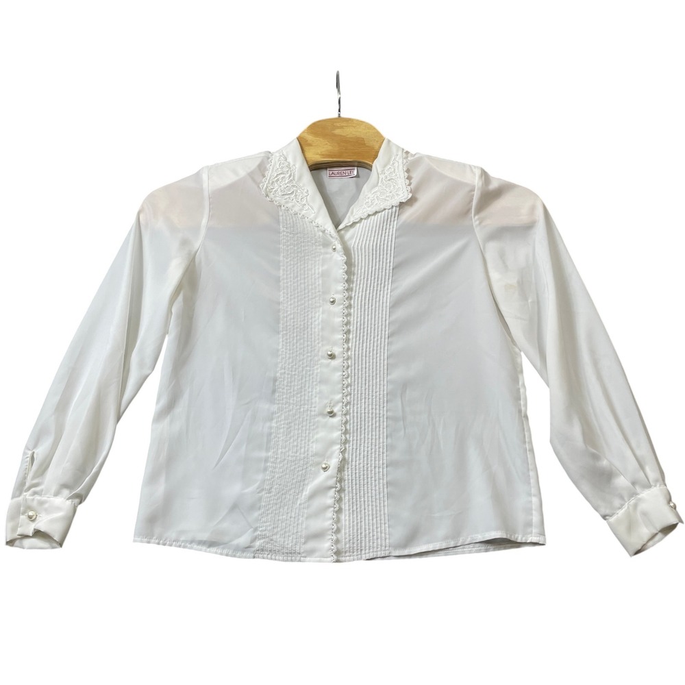 Lauren Lee Ivory Blouse Vintage Button Up‎ Pearl Sleeve Button